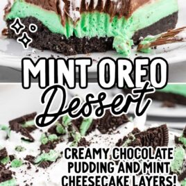 a close up shot of a slice of Mint Oreo Dessert on a plate and a close up shot of Mint Oreo Dessert in a baking dish with a slice taken out