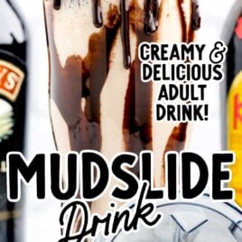 a close up shot of Mudslide Drink on a tall glass and a overhead shot of a blender with ice cream in it.