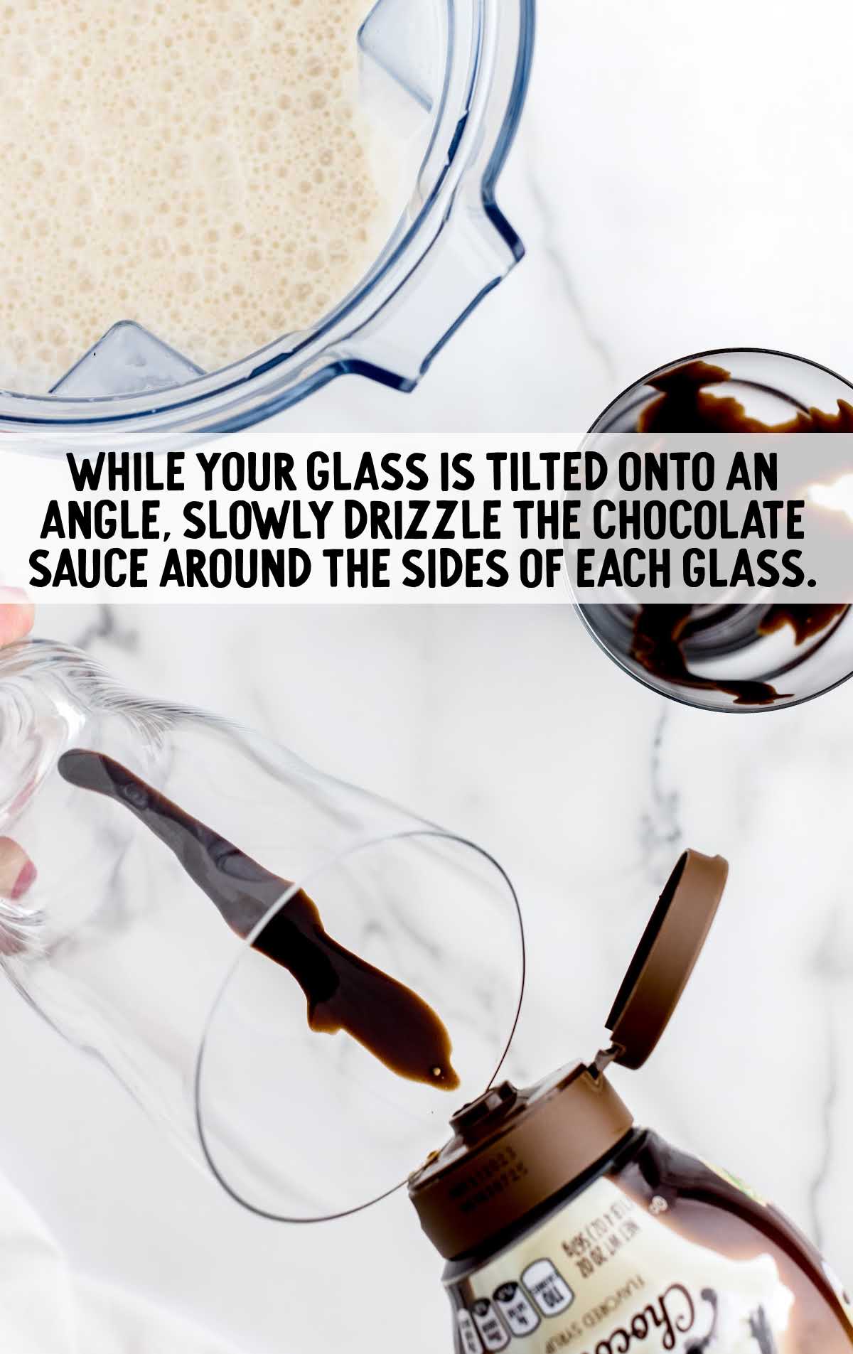 chocolate sauce drizzled around the side of the glass at an angel