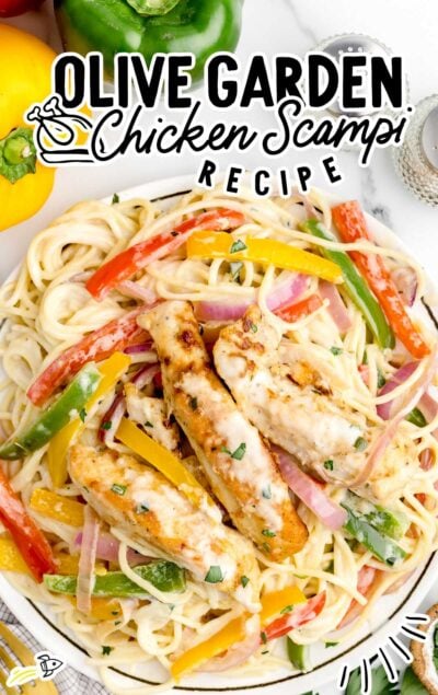 close up shot of Olive Garden Chicken Scampi in a skillet