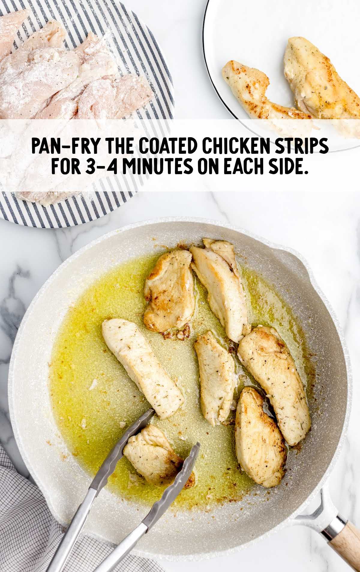 coated chicken strips cooked in a pan