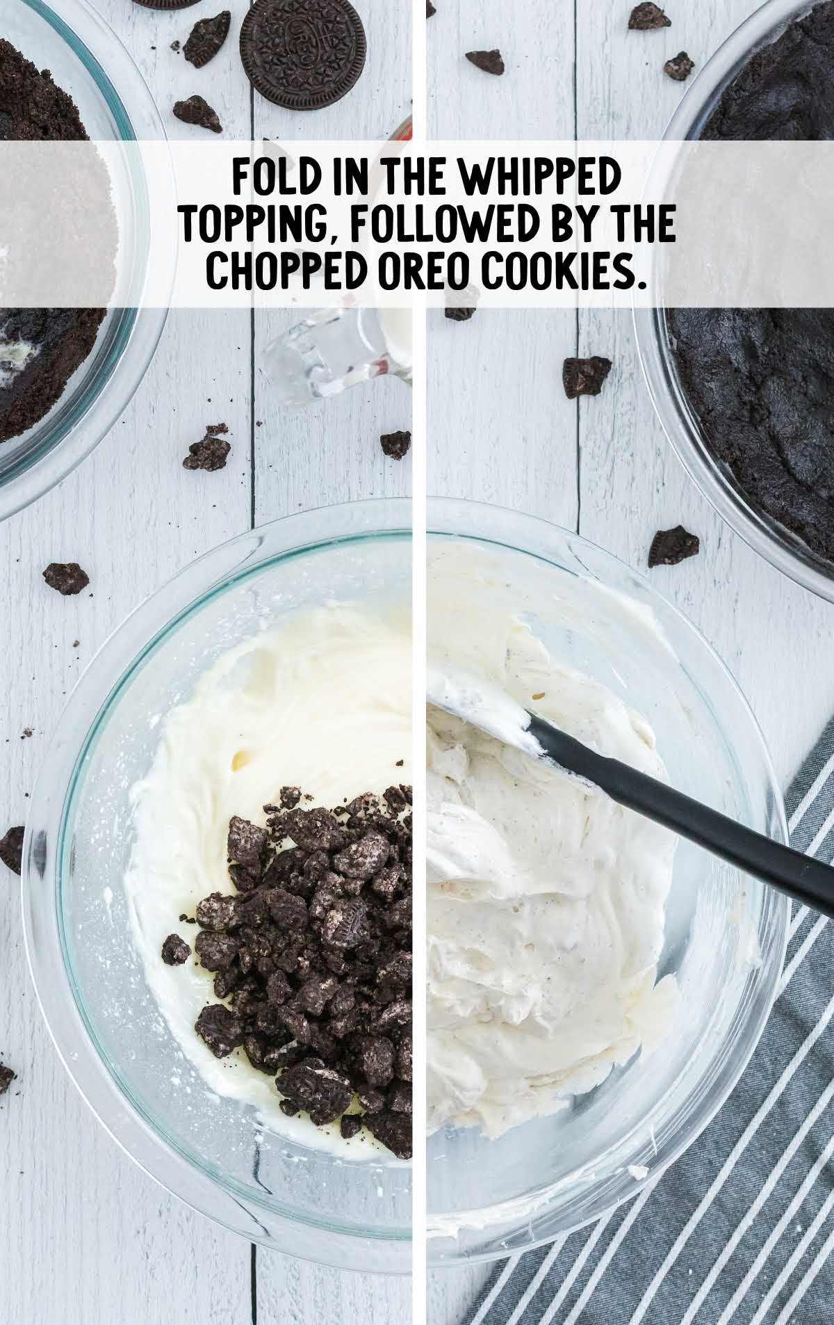 whipped topping and chopped oreo cookies folded in a bowl