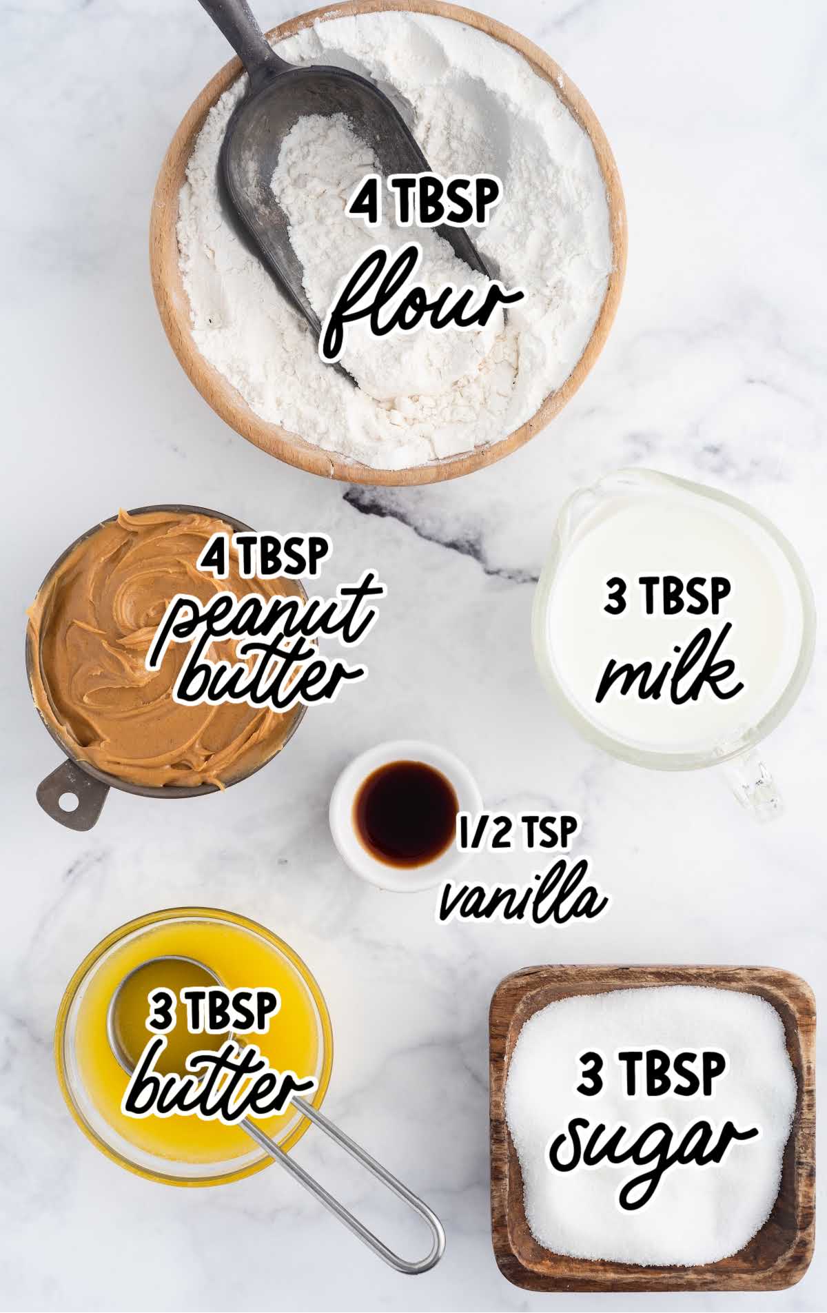 Peanut Butter Cake in a Mug raw ingredients that are labeled