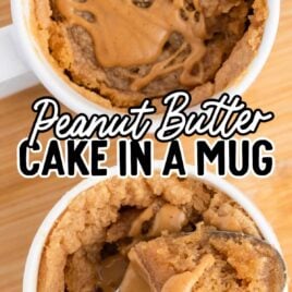 overhead shot of Peanut Butter Cake in a Mug and a overhead shot of a spoonful of Peanut Butter Cake