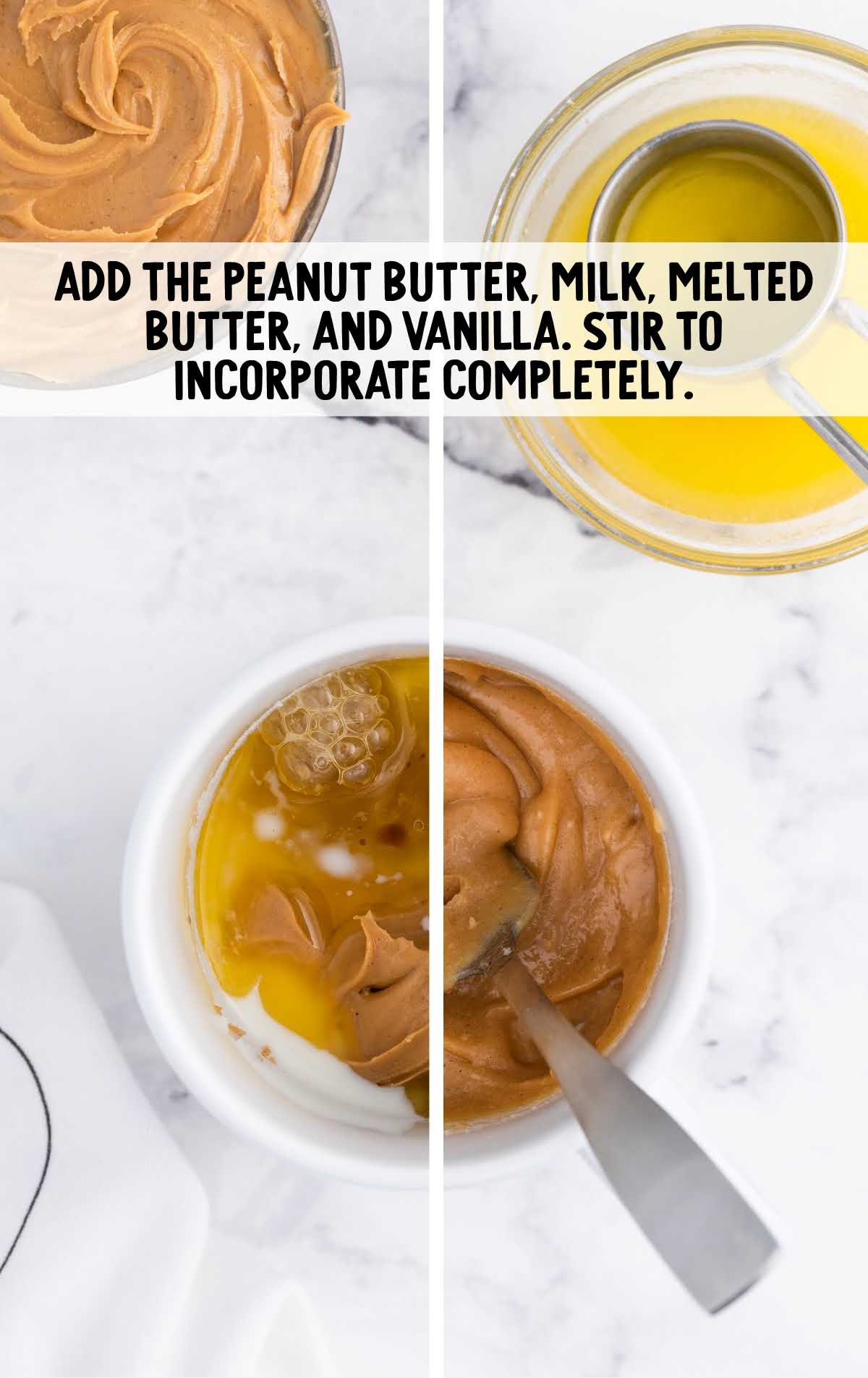 peanut butter, milk, melted butter, and vanilla stirred in a mug