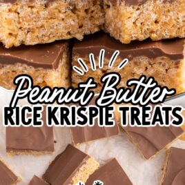 a close up shot of Peanut Butter Rice Krispie Treats stacked on top of each other