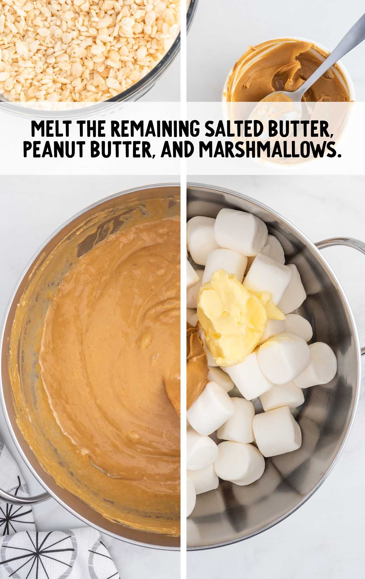 salted butter peanut butter and marshmallows stirred in a pan
