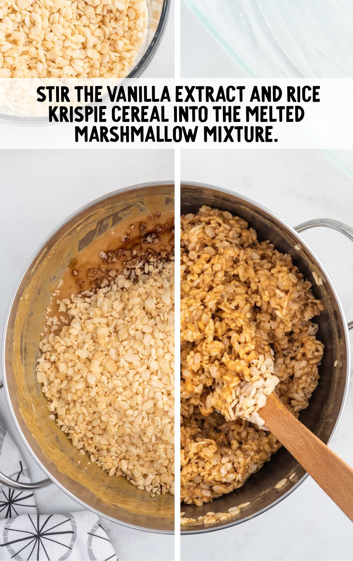 vanilla extract and rice krispie cereal added to the marshmallow mixture and stirred in a pot