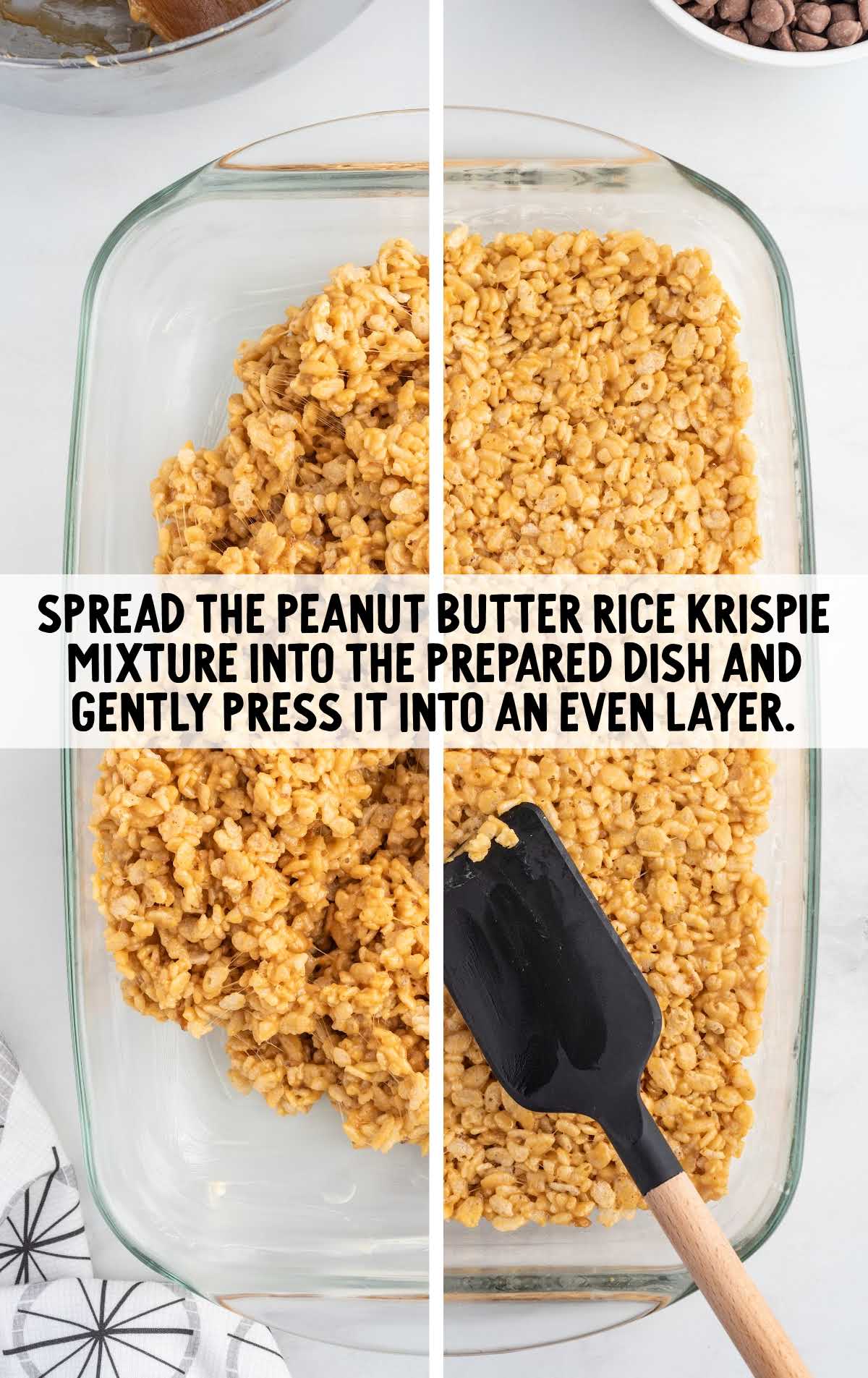 peanut butter rice krispie mixture spread into the baking dish
