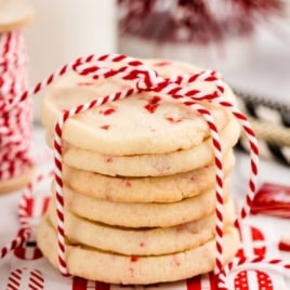 close up shot of Peppermint Shortbread Cookie stacked on top of each other