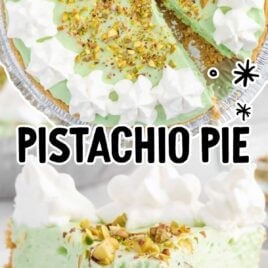 a close up shot of Pistachio Pie with a fork grabbing a piece and a overhead shot of Pistachio Pie with a slice taken out