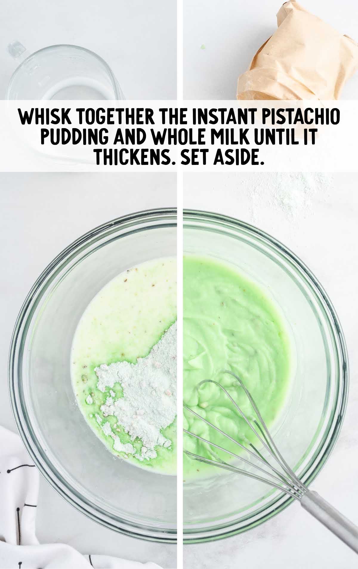 instant pistachio pudding and milk whisked in a bowl
