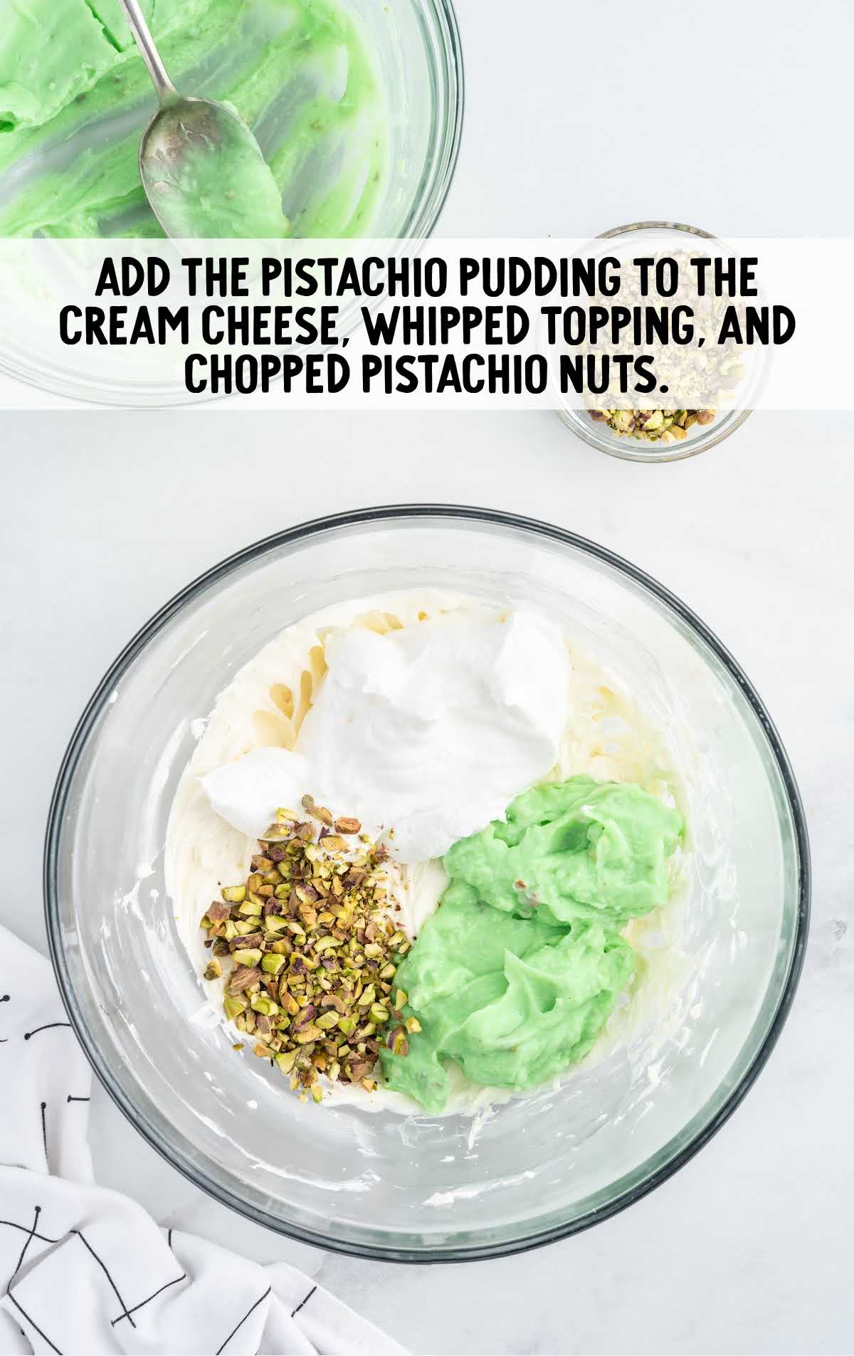 pistachio pudding added to the pie ingredients in a bowl