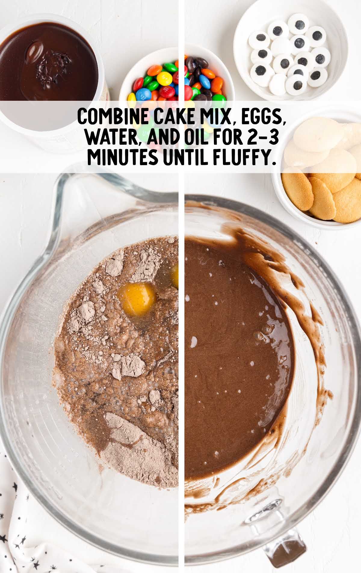 cake mix, eggs, water, and oil combined in a cup