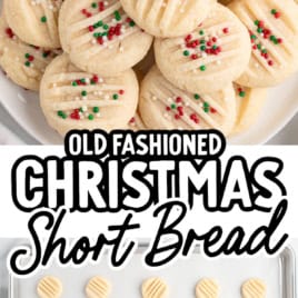 Plate of Christmas Shortbread Cookies with red and green sprinkles, labeled Old Fashioned Christmas Short Bread. Below, dough balls are pressed with a fork on a baking sheet lined with parchment paper.