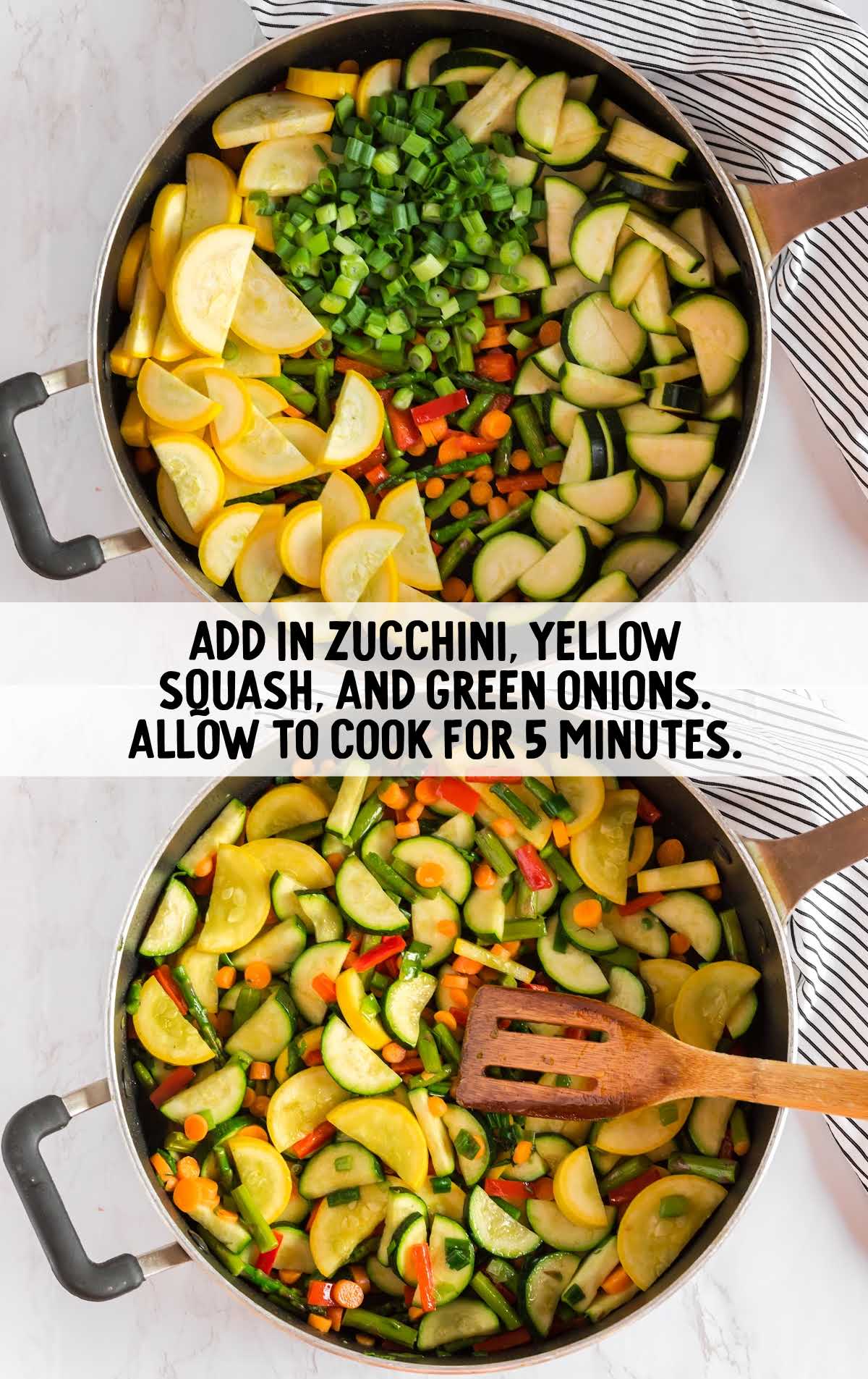 zucchini, yellow squash, and green onions cooked in a pan