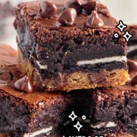 a close up shot of Slutty Brownies stacked on top of each other