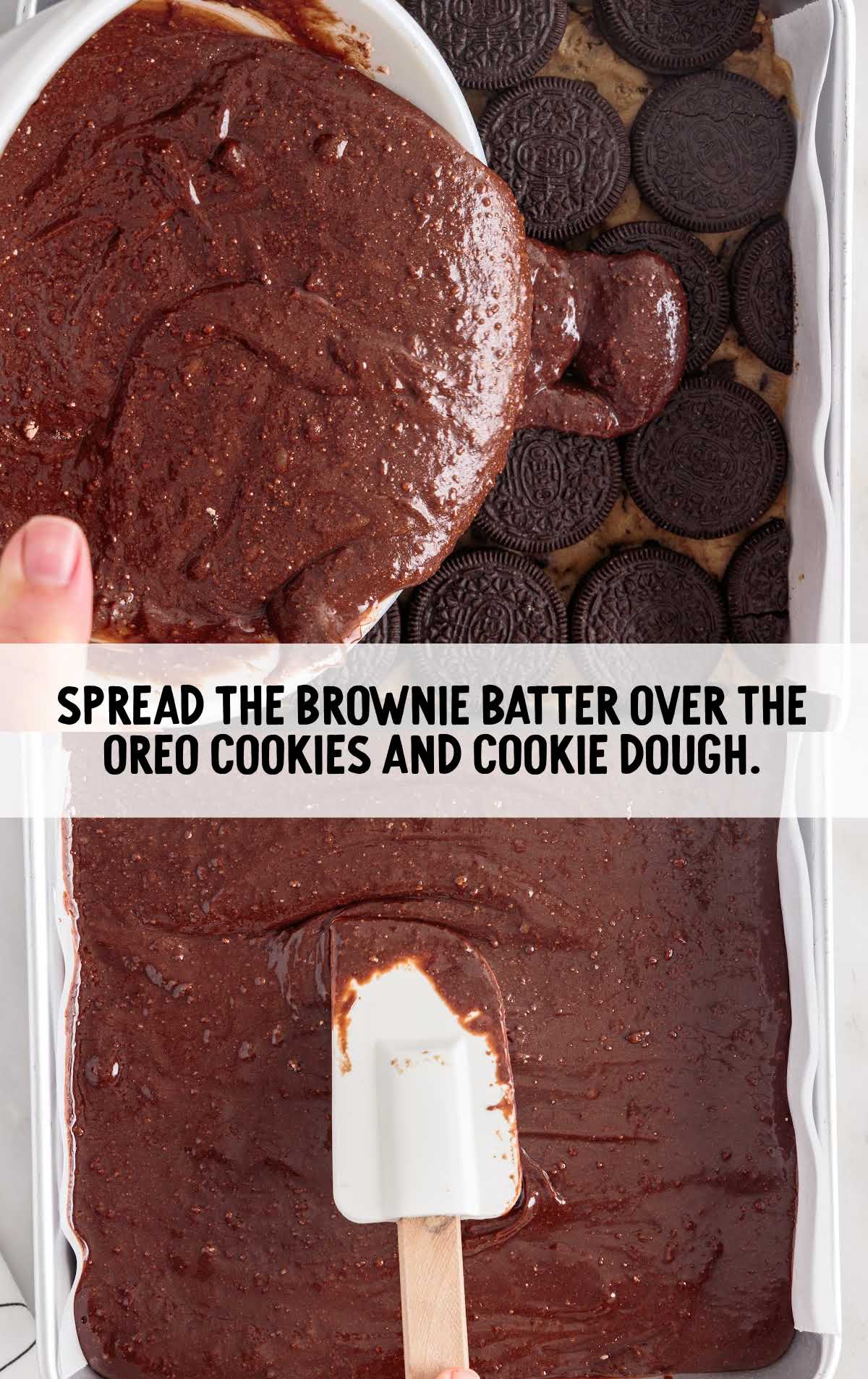 brownie batter spread over the oreo cookies and dough