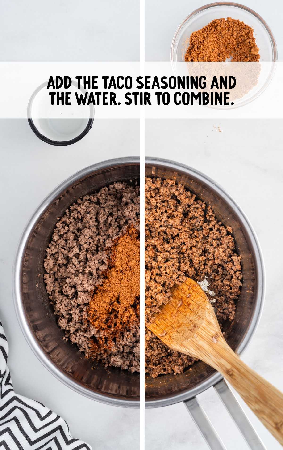taco seasoning and water added to a pan and stirred
