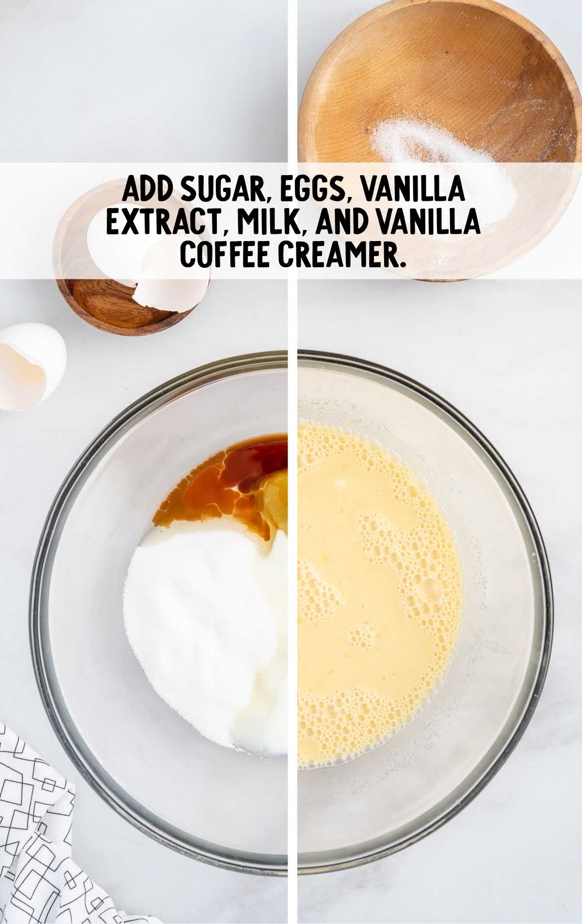 sugar, vanilla extract, milk, and vanilla coffee creamer combined in a bowl