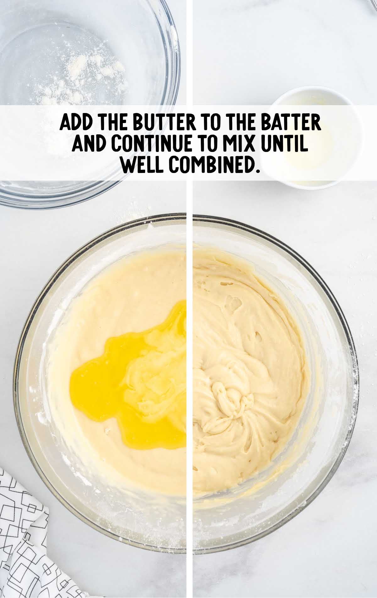 butter added to the batter combined in a bowl
