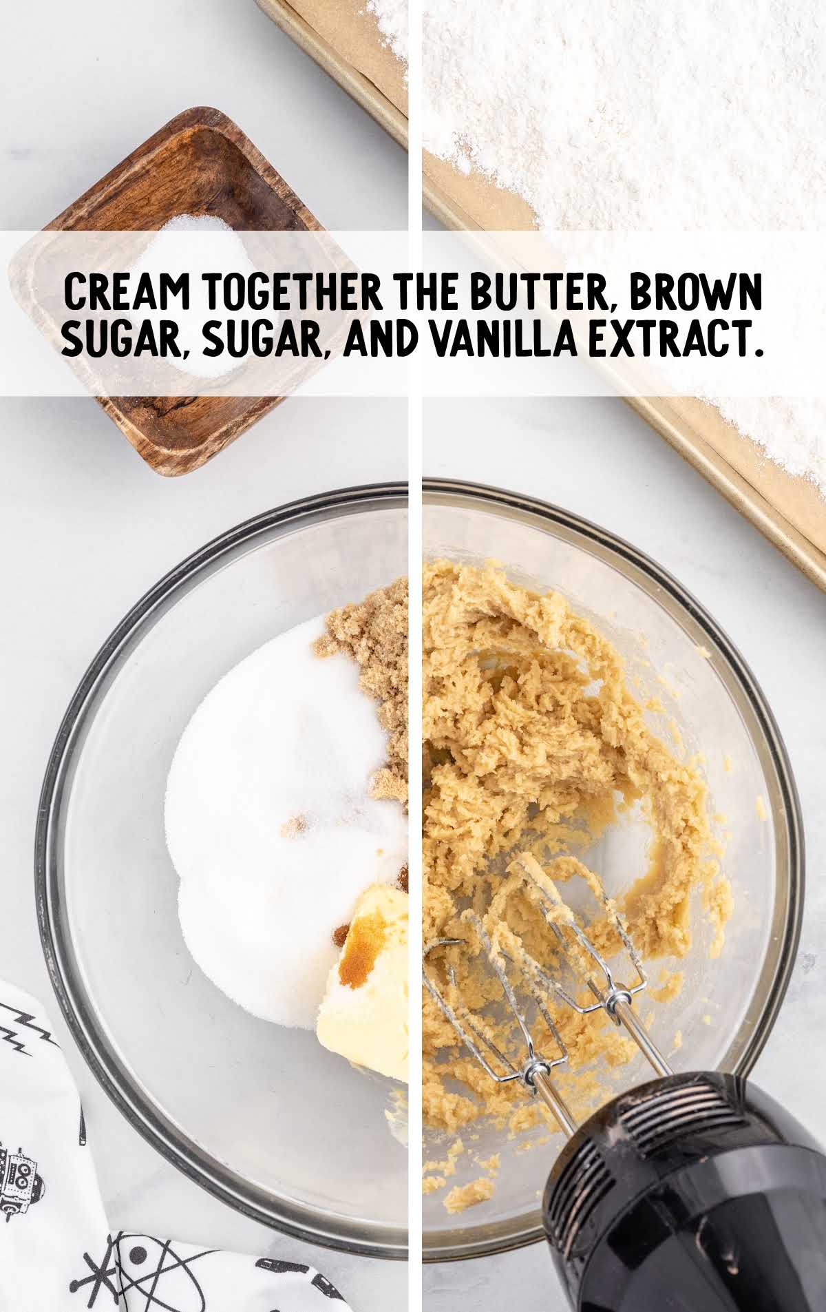 butter, brown sugar, sugar, and vanilla extract blended in a bowl