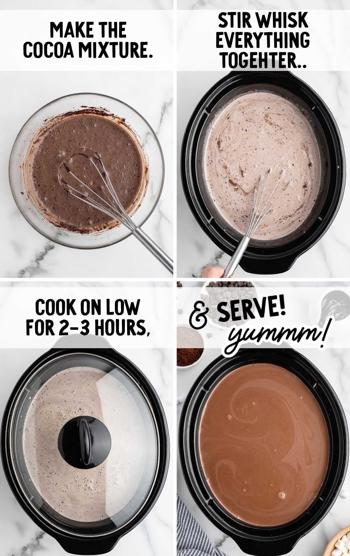 Step by step process photos showing how to whisk the cocoa mixture and cook crockpot hot chocolate before serving.