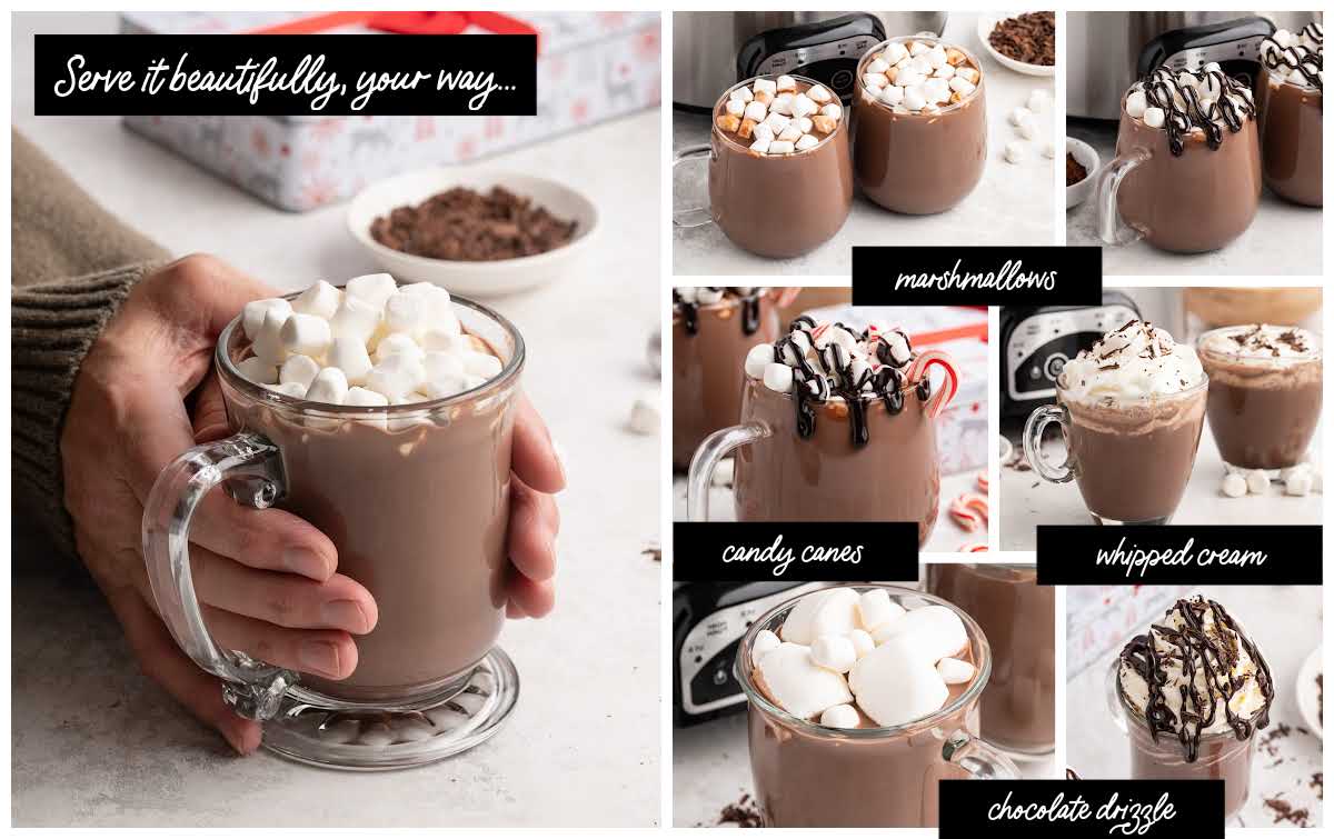 Assorted serving ideas for crockpot hot chocolate including marshmallows, candy canes, whipped cream, and chocolate drizzle.