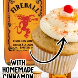 a close up shot of a Fireball Cupcakes and a close up shot of a fireball bottle