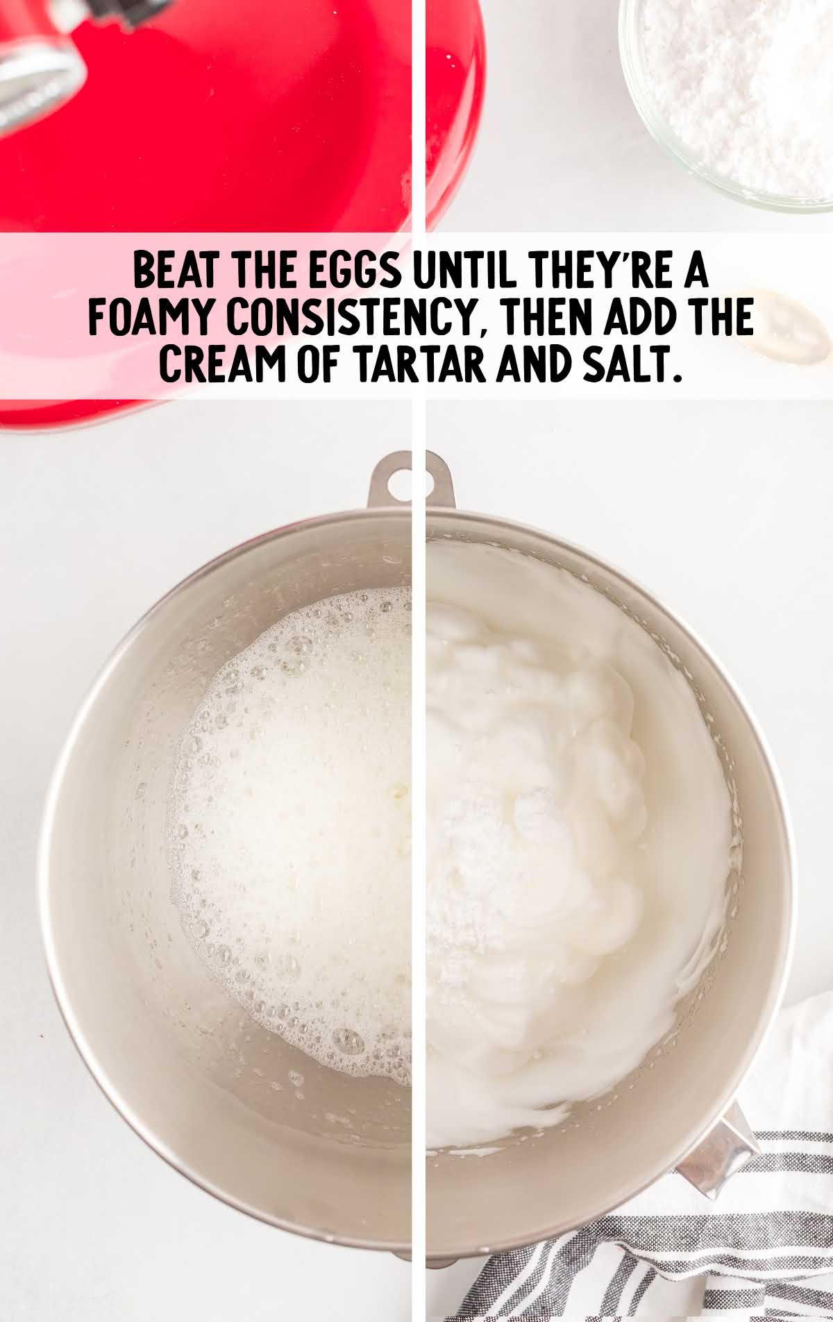 egg whites beaten in a bowl then cream of tartar and salt added