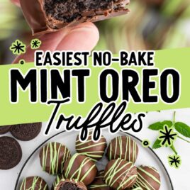 overhead shot of Mint Oreo Truffles on a plate with one split in half and a close up shot of a Mint Oreo Truffle with a bite taken out of it