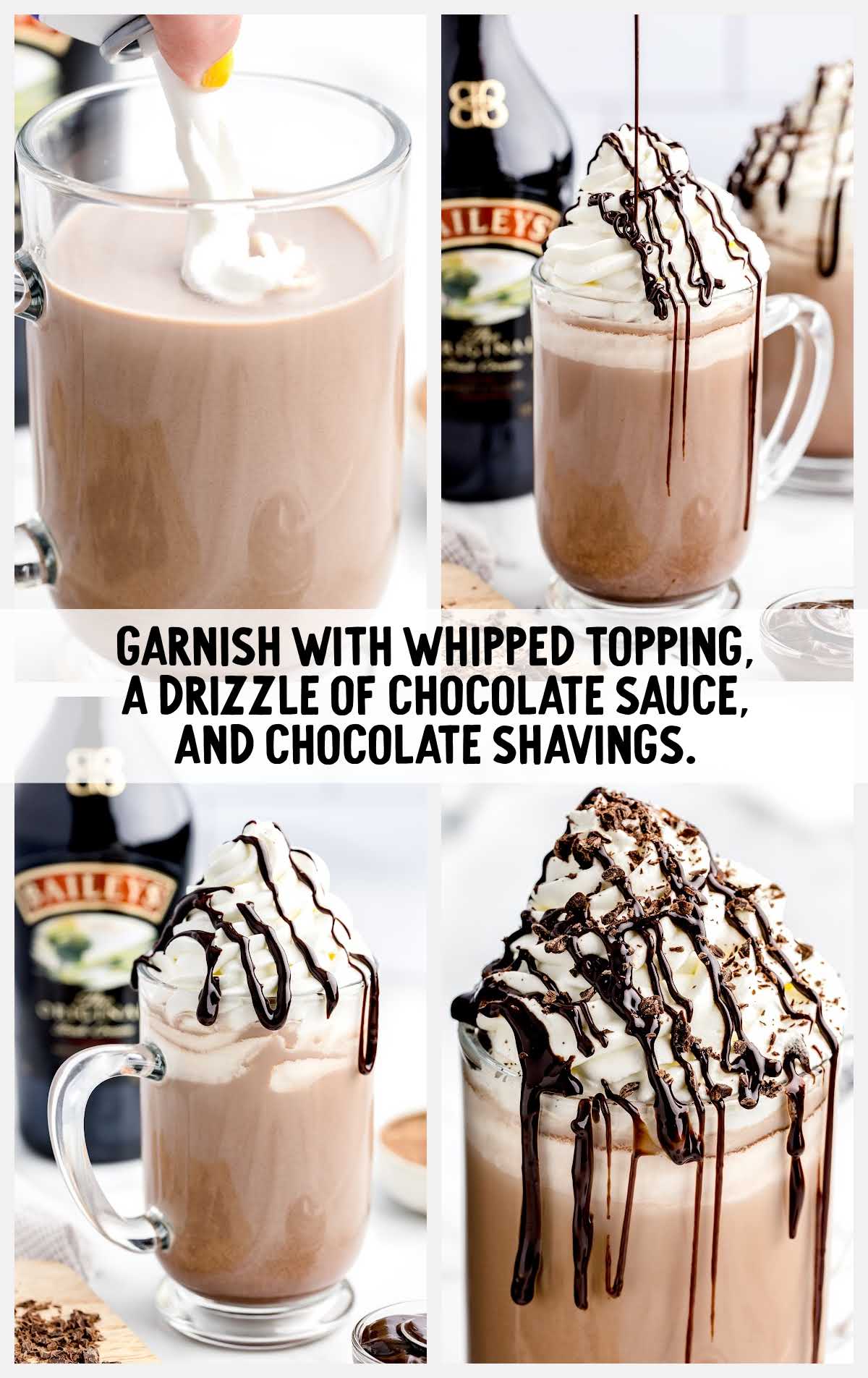 whipped topping, chocolate sauce, and chocolate shaving garnished on top of the hot chocolate