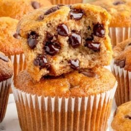 a close up shot of Banana Chocolate Chip Muffins on a plate with a bite taken out of it