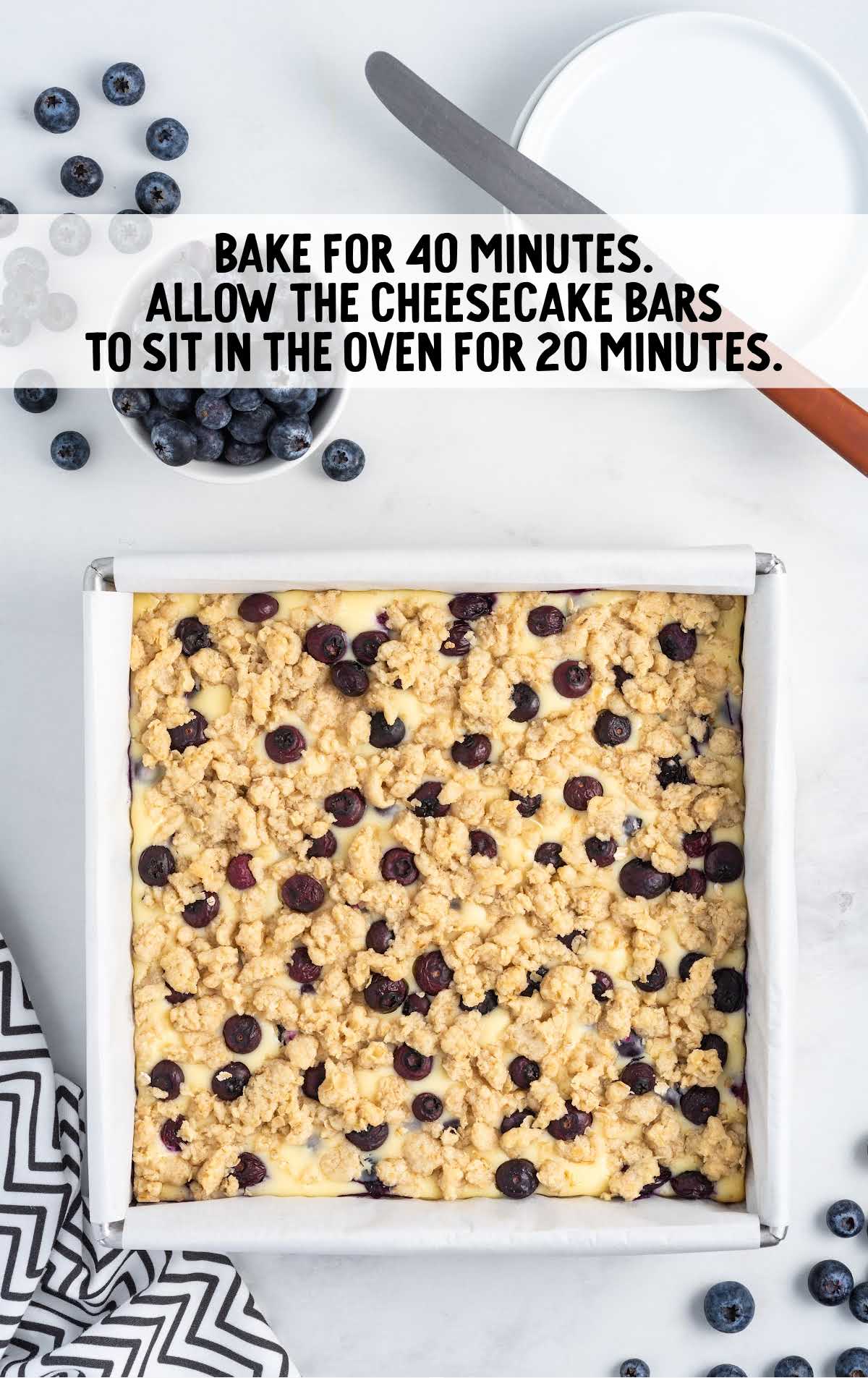 Blueberry Cheesecake Bars baked in a baking dish