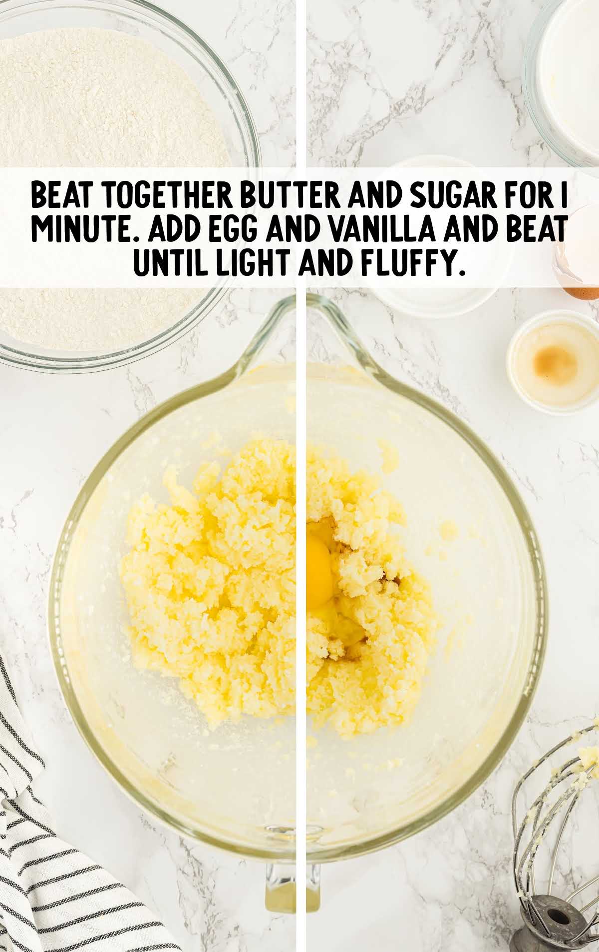 butter, sugar, eggs, and vanilla combined in a measuring cup