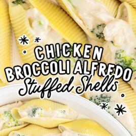 overhead shot of Chicken Broccoli Alfredo Stuffed Shells in a pot