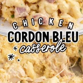 a close up shot of a piece of Chicken Cordon Bleu Casserole on a plate