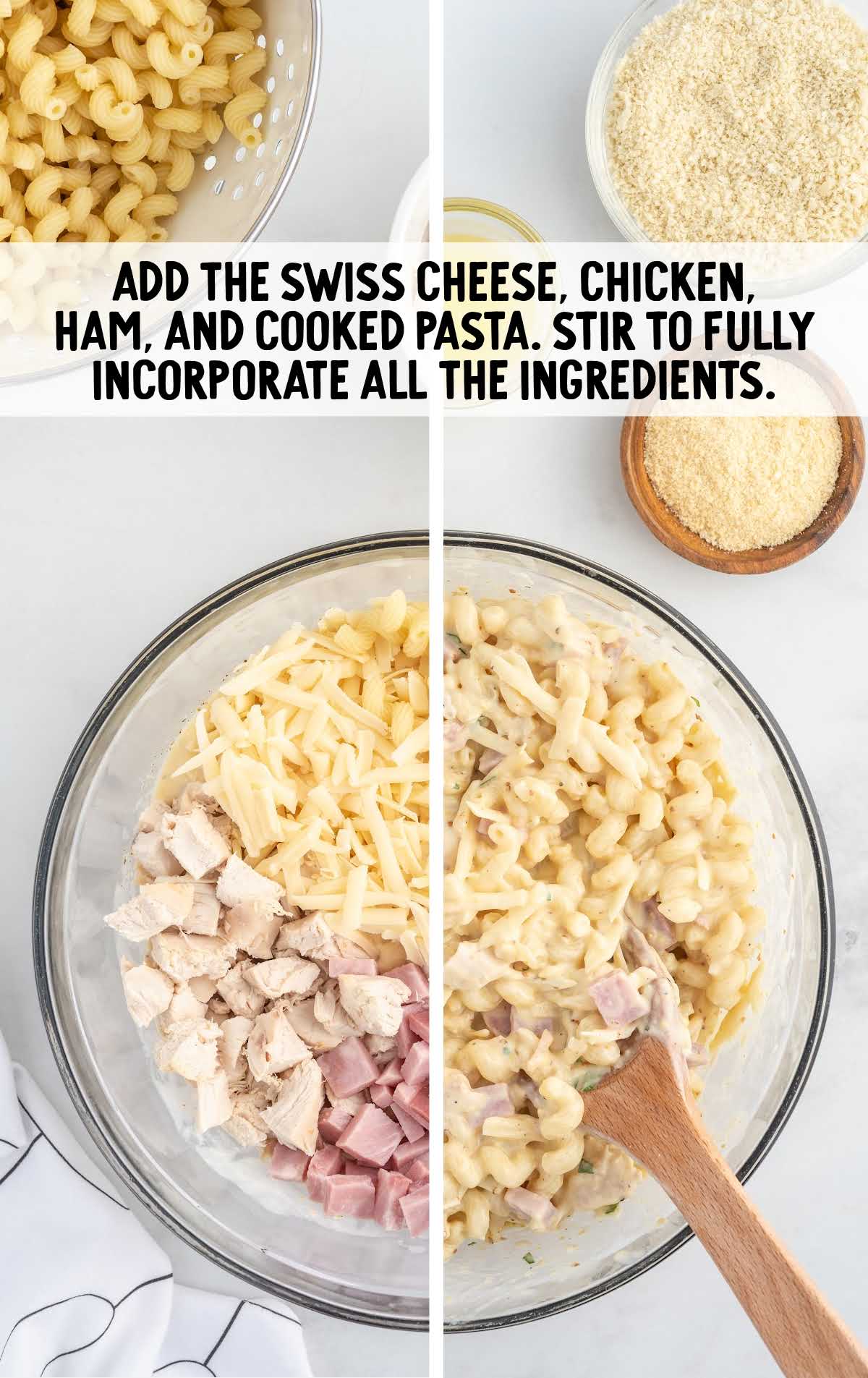 swiss cheese, chicken, ham, and pasta folded in a bowl