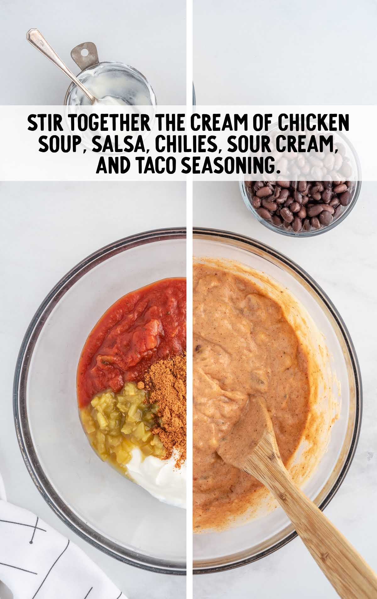 cream of chicken soup, salsa, chilies, sour cream and taco seasoning stirred in a bowl