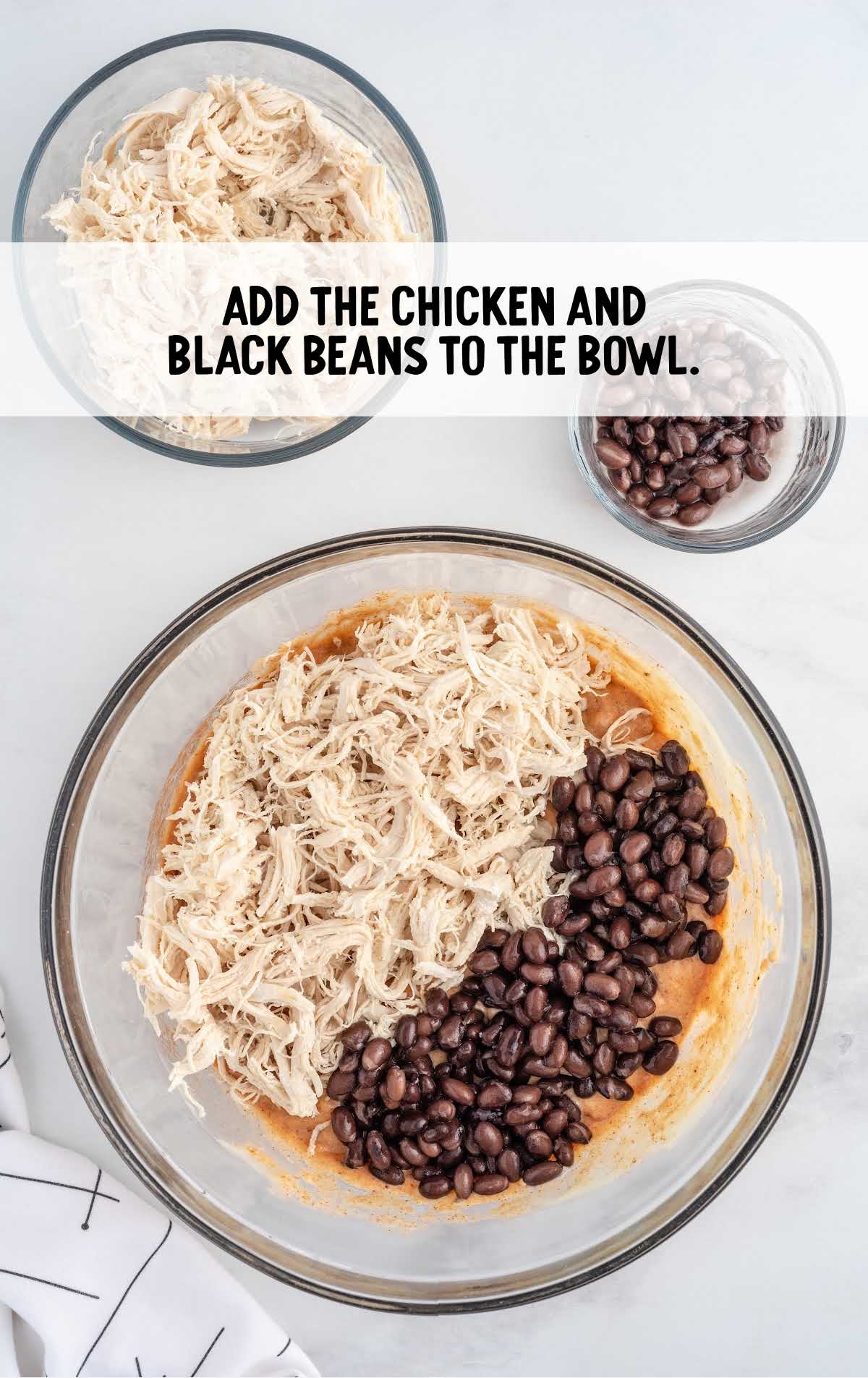 chicken and black bean added to a bowl