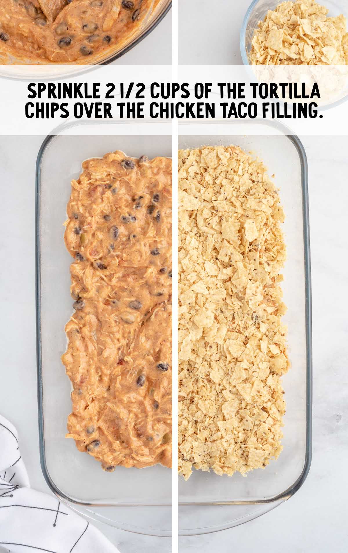 tortilla chips sprinkled over the chicken taco filling