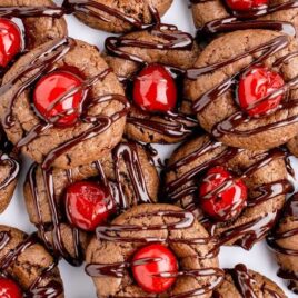 overhead shot of Chocolate Cherry Cookies on a plate