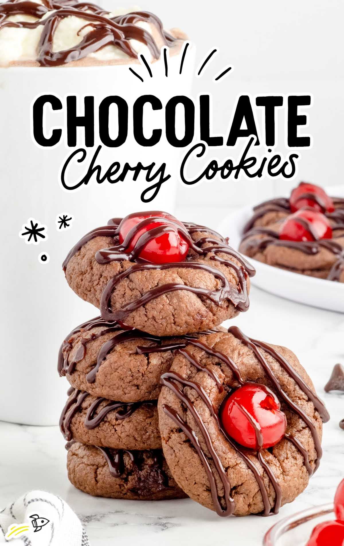 a close up shot of Chocolate Cherry Cookies stacked on top of each other
