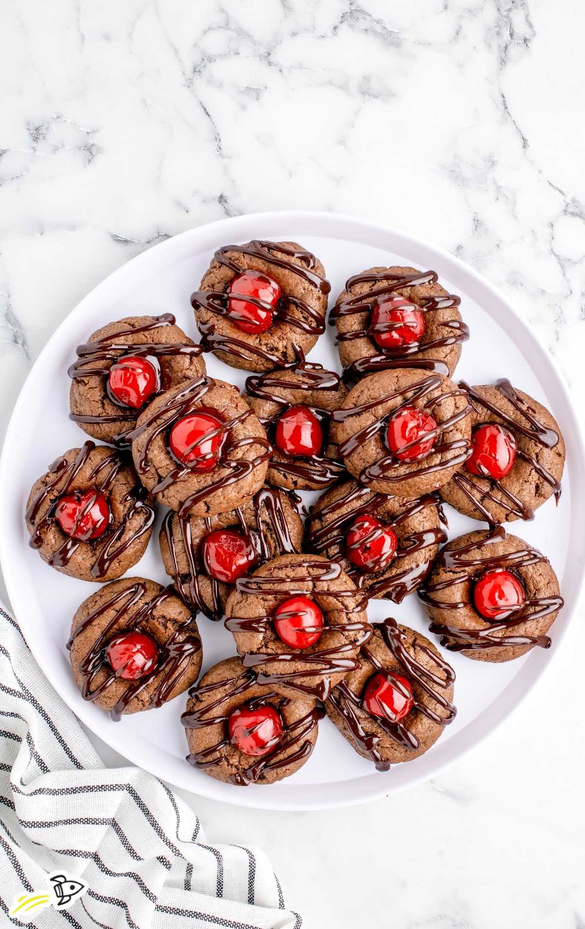 overhead shot of Chocolate Cherry Cookies on a plate