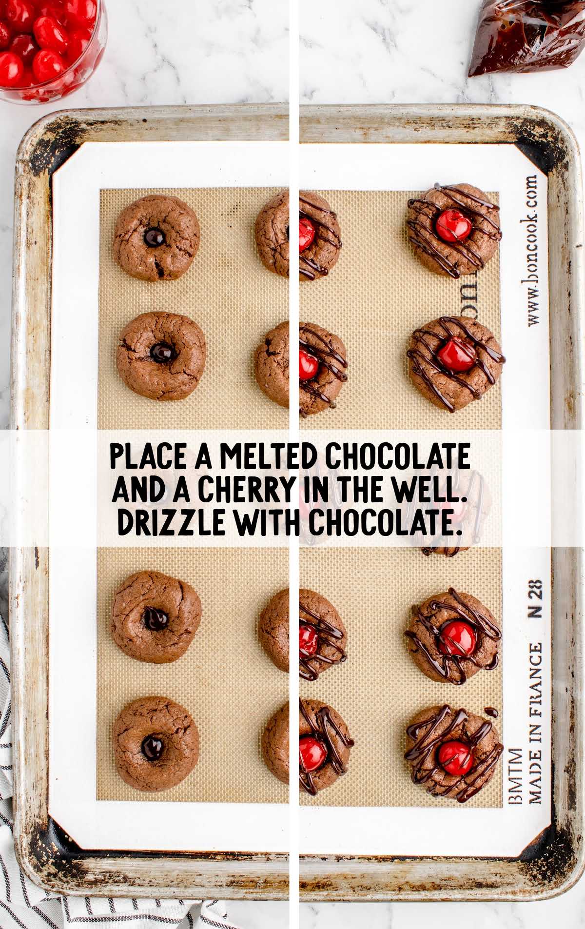 melted chocolate and cherry in the well and drizzle chocolate