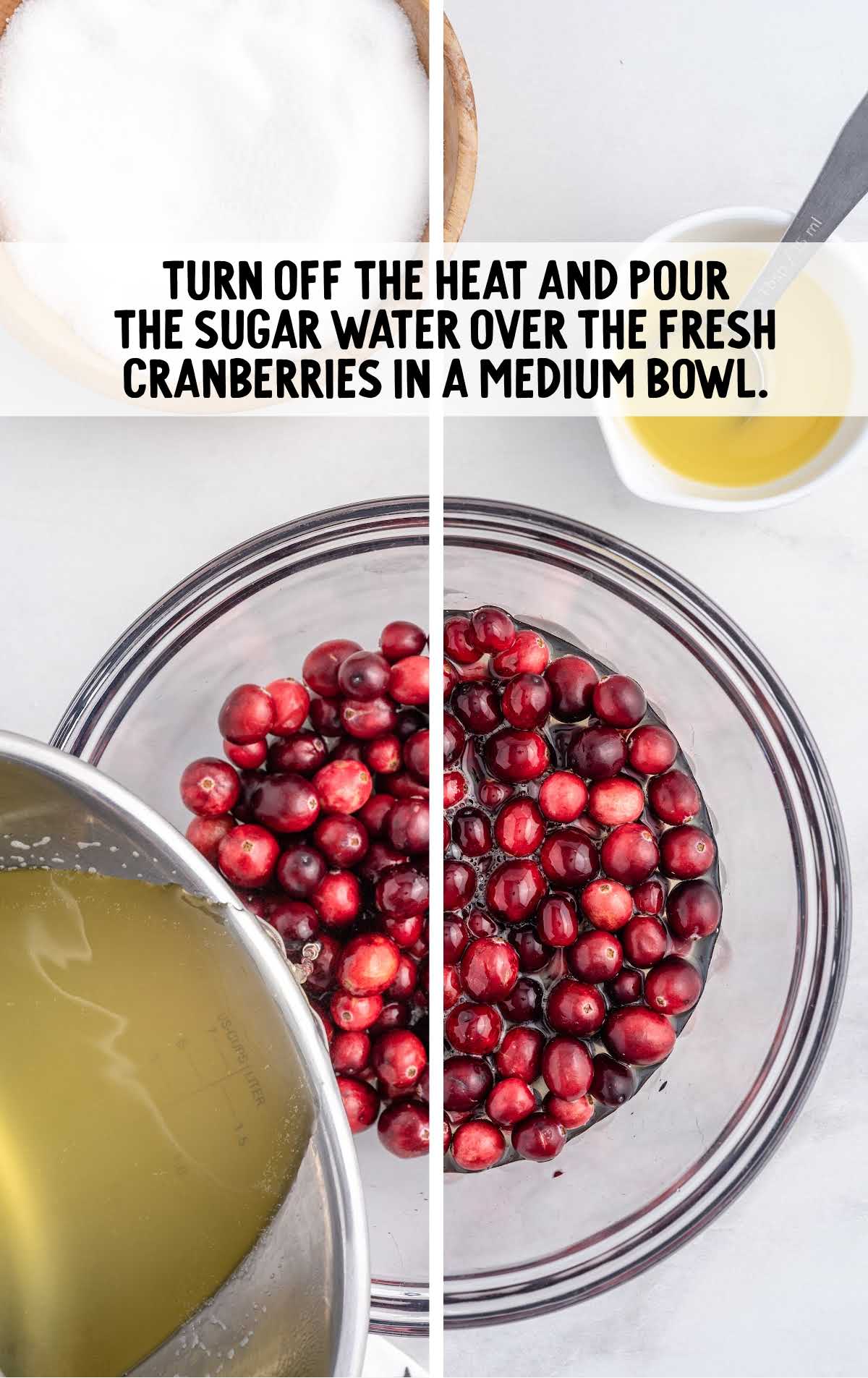 water poured over the fresh cranberries in a bowl