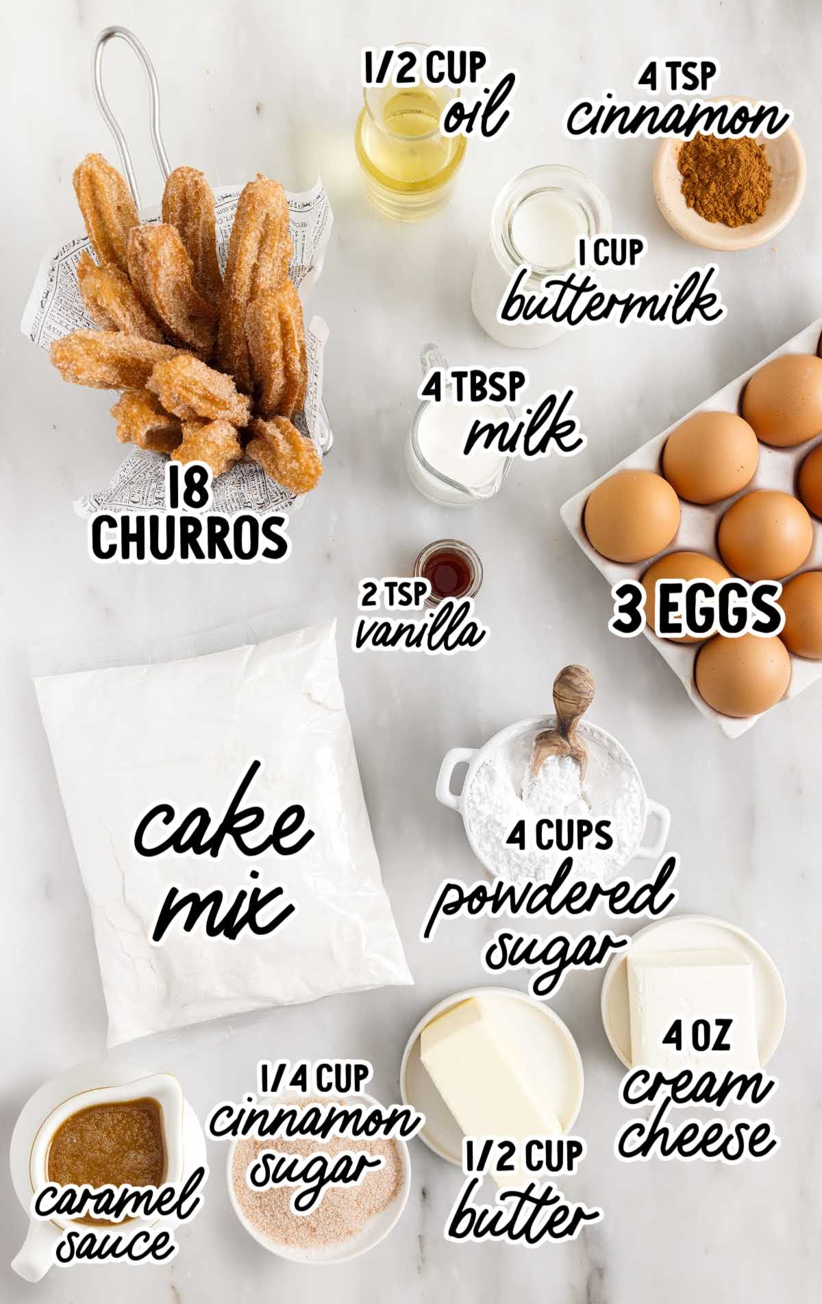 Churro Cupcakes raw ingredients that are labeled