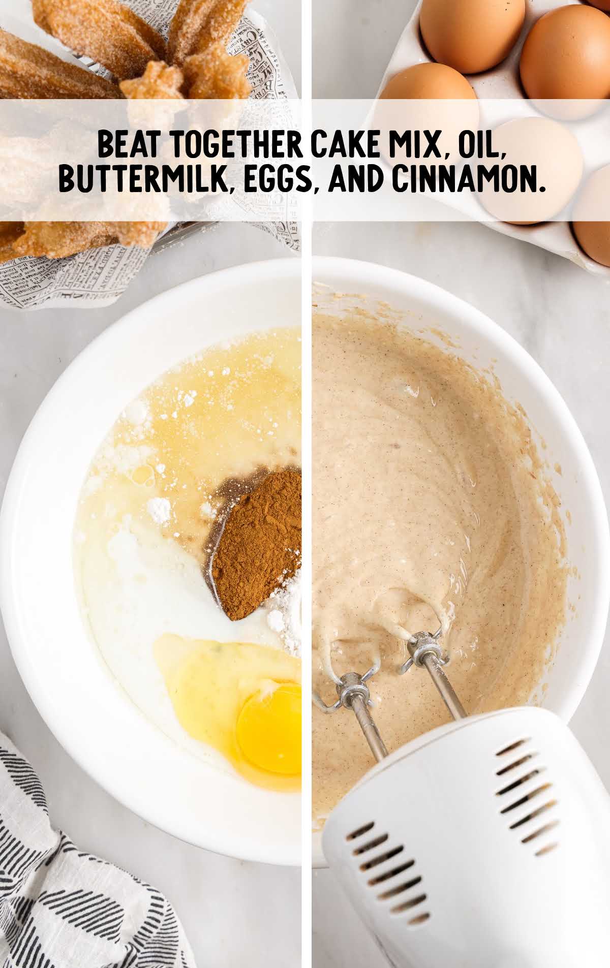cake mix, oil, buttermilk, eggs and cinnamon blended together