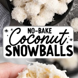 No-bake coconut snowballs shown on a black plate with a close-up of a hand holding a coconut snowball revealing the soft coconut center, with text overlay for the recipe.