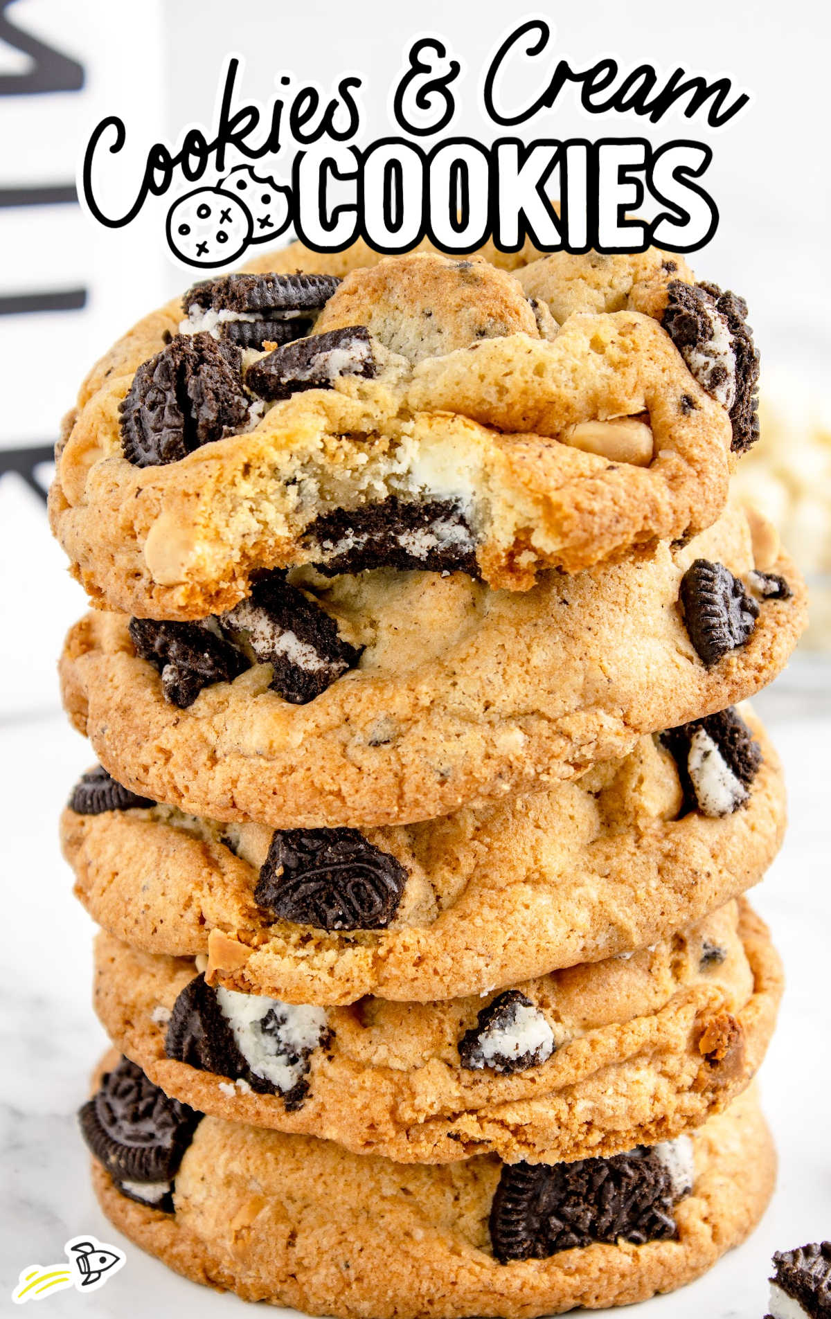 close up shot of Cookies and Cream Cookies stacked on top of each other